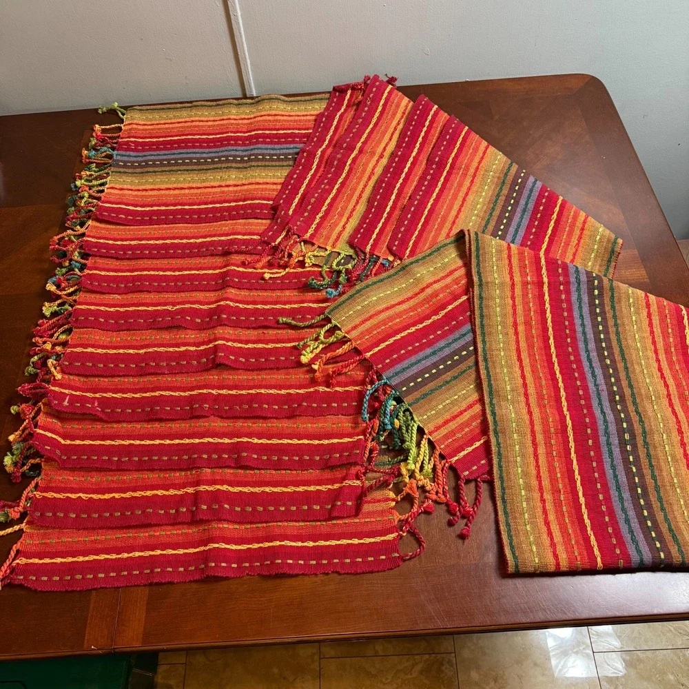 Pier 1 Imports 14pc Table Set 13 Placemats + Runner Red Striped Boho Fringe